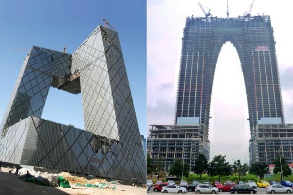 Gate of the Orient (right) is being mocked online and likened to Beijing’s CCTV Tower (left). Photos: ImagineChina, Felix Wong