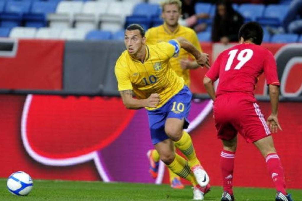 Sweden's Zlatan Ibrahimovic in action against China during their international soccer friendly match at the Olympia stadium in Helsingborg on Thursday. Photo: EPA