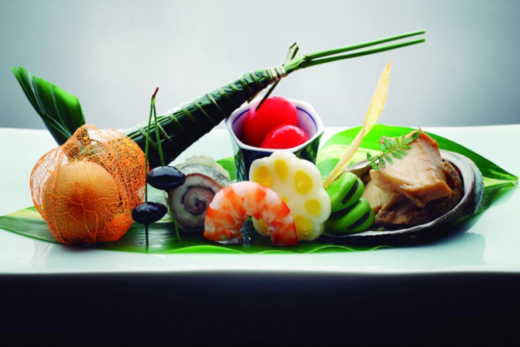 KAISEKI COURSES AT MIZUMI FEATURE SUSHI, MINI-TOMATO, DEEP-FRIED SWEET FISH, BOILED SHRIMP, BLACK BEAN, LOTUS ROOT WITH MUSTARD EGG AND BOILED BROAD BEAN