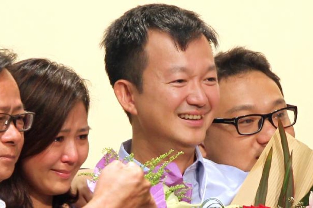 Raymond Chan Chi-chuen, centre, of People Power celebrates after winning a seat in the Legislative Council election. Photo: SCMP / Edward Wong