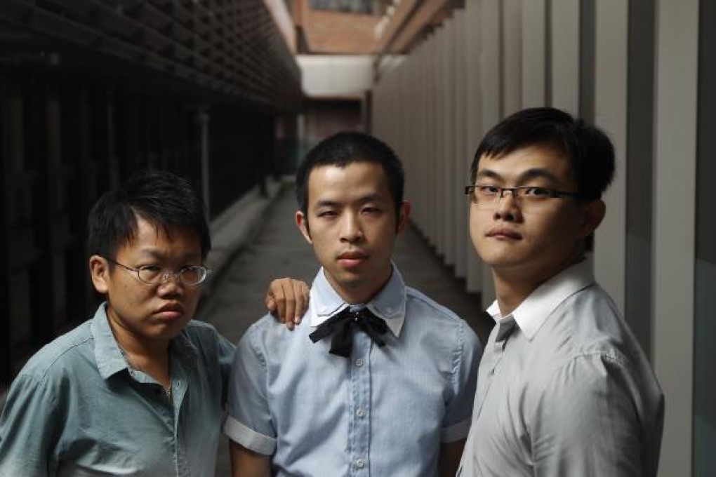 (L to R) College graduates Andy Chiu Ho-lam, Kenon Kwong Chung-on and Kevin Ng Chun-chi having difficulties on finding jobs because they are disables. Pictured at Poly University in Hung Hom on Oct, 2, 2011.Photo: Sam Tsang