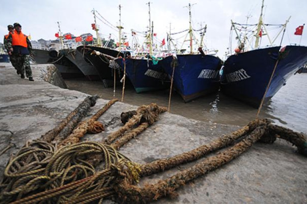 Fishing boats are anchored in Shitang Port, Wenling, Zhejiang province. South Korean ports also took similar measures. Typhoon Sanba is headed for the East China Sea. Photo: Xinhua