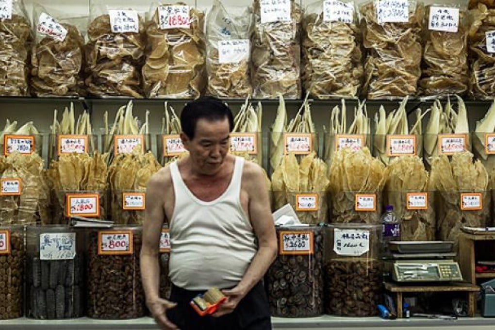 A shark fin shop. Shark fin merchants plan to stage a protest today. Photo: AFP