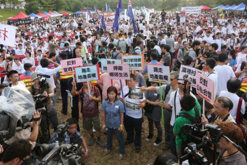 Villagers and concern groups held a protest against the land resumption of North East New Territories New Development Areas in Sheung Shui.