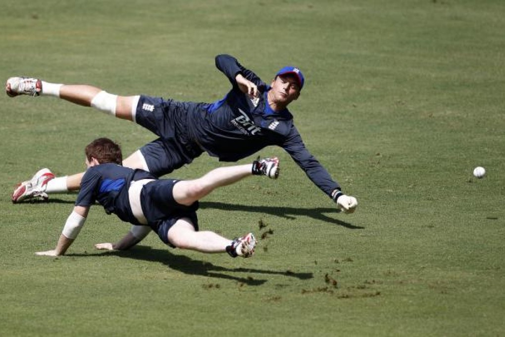 England players Jos Buttler (top) and Eoin Morgan put in some fielding practice ahead of their Super Eights opener. Photo: AP