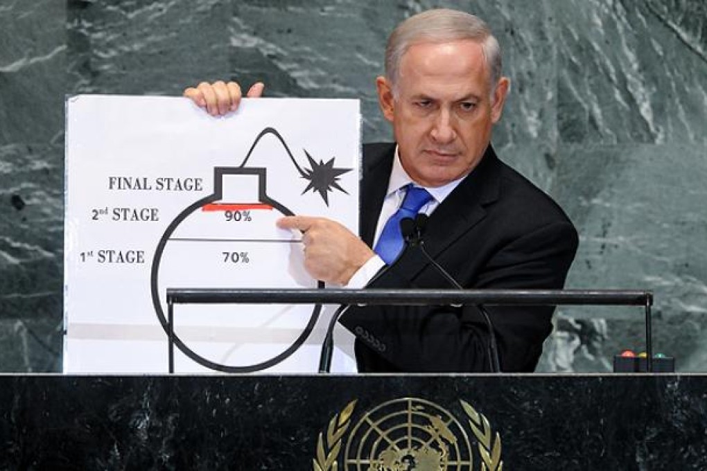 Israeli Prime Minister Benjamin Netanyahu shows a graphic representing Iran's nuclear programme at the UN General Assembly in New York. Photo: Xinhua