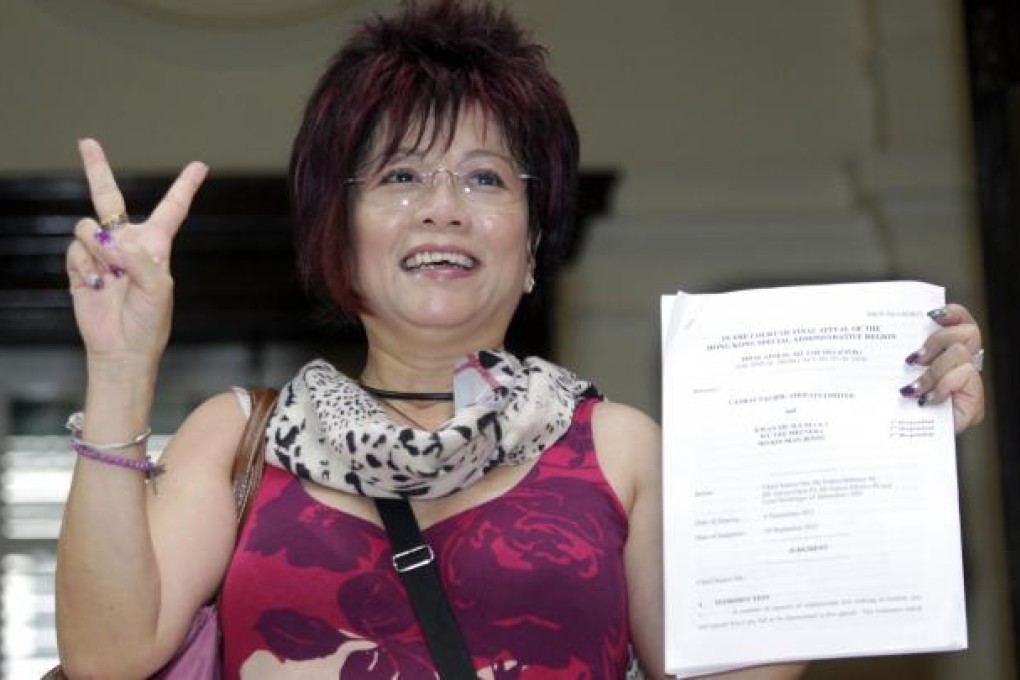 Retired Cathay Pacific employee Becky Kwan Siu-wa beams after being handed a favourable court ruling. Photo: Ming Pao