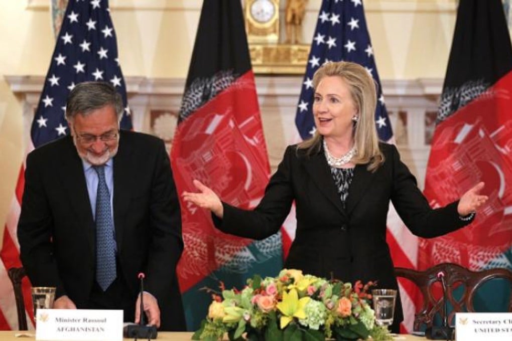 US Secretary of State Hillary Clinton at the US-Afghanistan Bilateral Commission with Afghan Foreign Minister Zalmai Rassoul on Wednesday. Photo: AFP