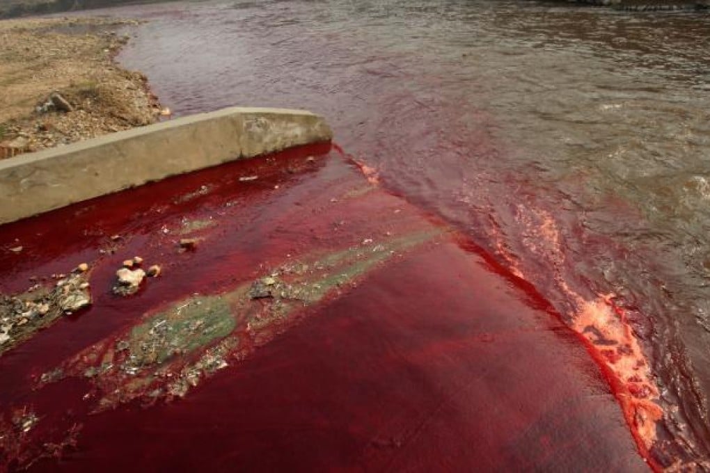 Red dye being dumped into the city's storm water pipe network by two illegal dye workshops in Luoyang, north China's Henan province.