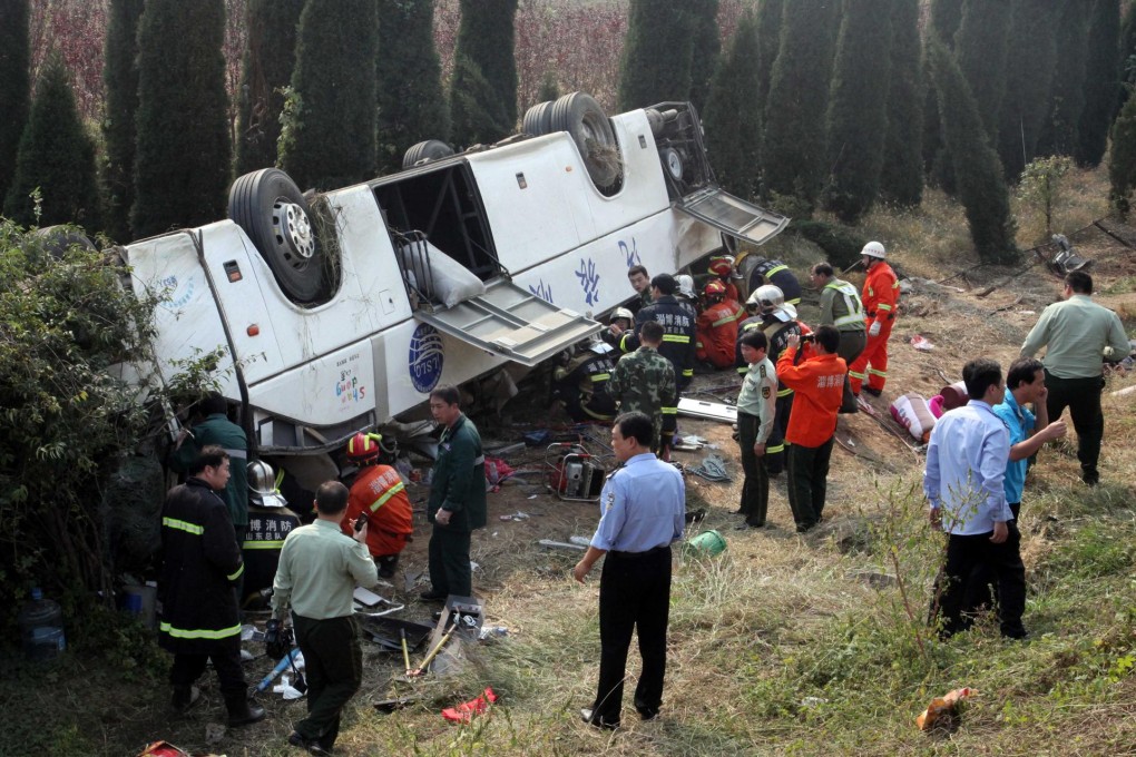 Rescuers attend trapped passengers after the bus accident in Shandong province. Photo: Xinhua