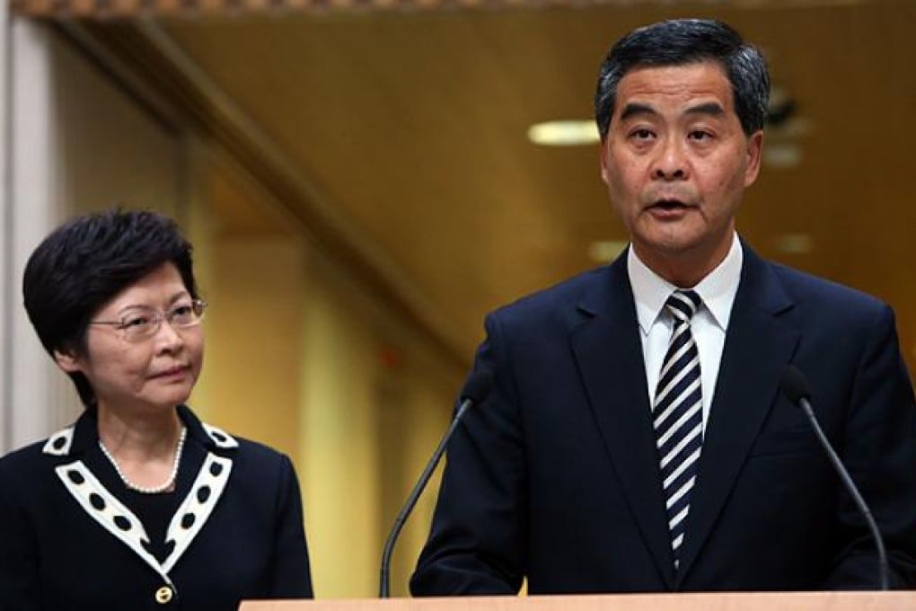 C.Y. Leung speaks about national education with Chief Secretary Carrie Lam at government offices in Tamar on Monday. Sam Tsang