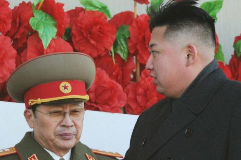 North Korean leader Kim Jong- un (right), flanked by his uncle North Korean politician Jang Song-thaek, leaves a military parade in Pyongyang. Photo: Kyodo/Reuters