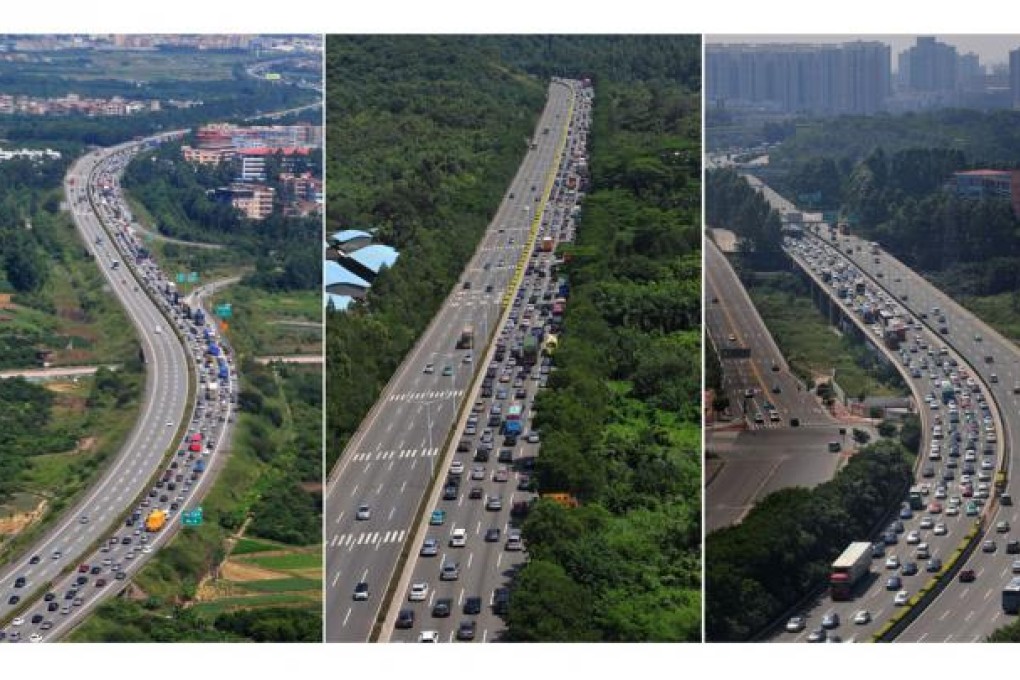 The combined photo shows the traffic jam in the Guangdong section of the highway linking Beijing and Zhuhai.  Photo: Xinhua