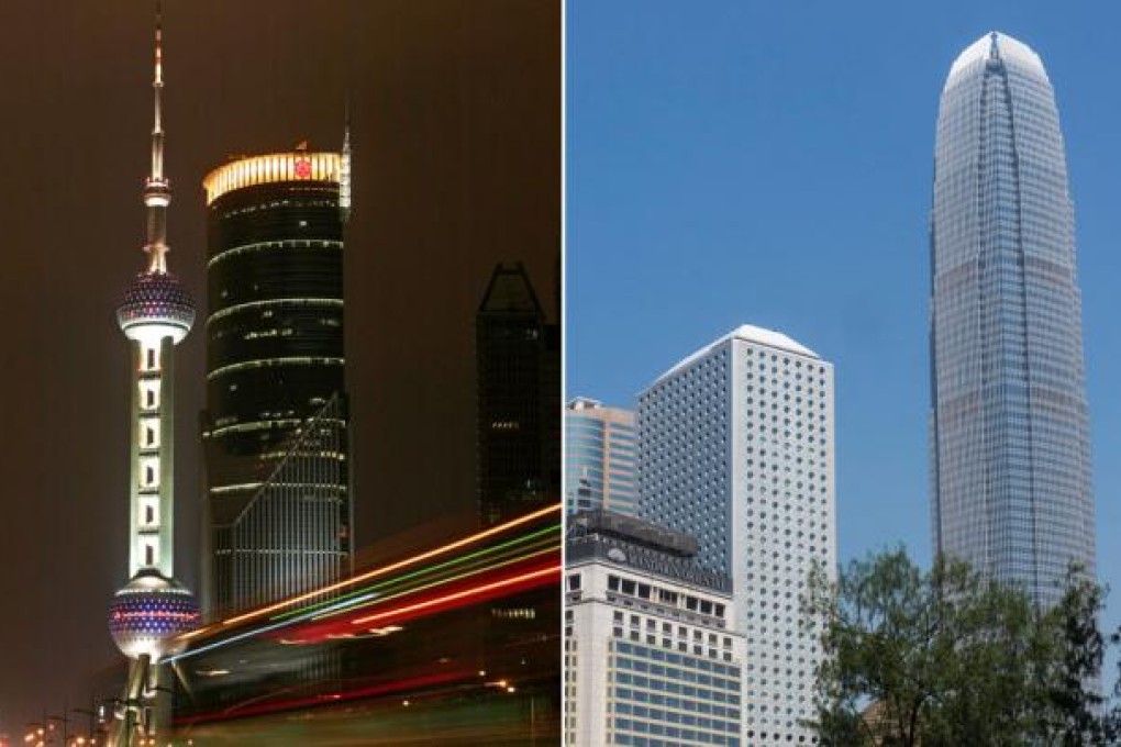 Skyscrapers in Shanghai's Lujiazui (L) and Hong Kong's Central district (R)