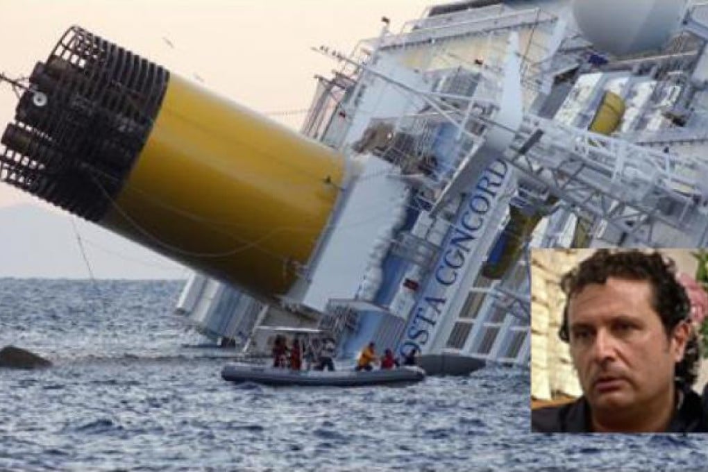 The Costa Concordia keeled over in the sea off the west coast of Italy after it crashed. Insert, the ship's captain Francesco Schettino. Photos: EPA, AP