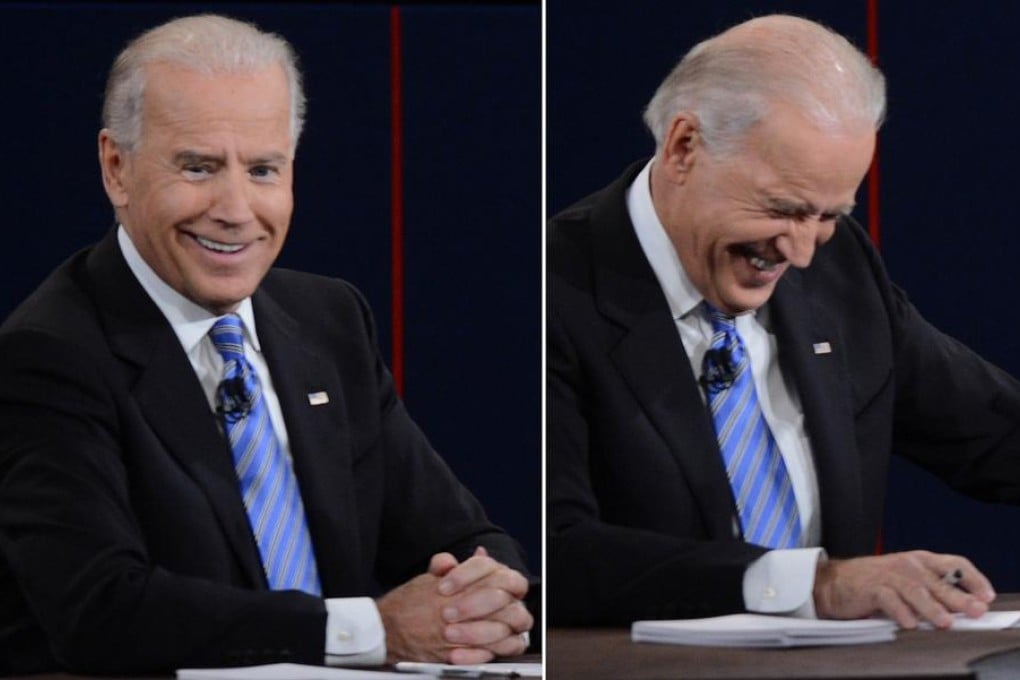 Just a few of the many smirks of Joe Biden, including the rare smirk with pointed finger. He guffawed and grinned too. Photos: AFP