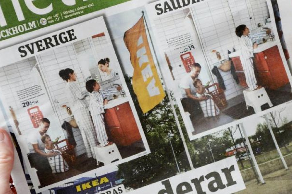 A Stockholm newspaper shows the airbrushed woman-free version and the original page from Ikea's catalogue. Photo: AFP
