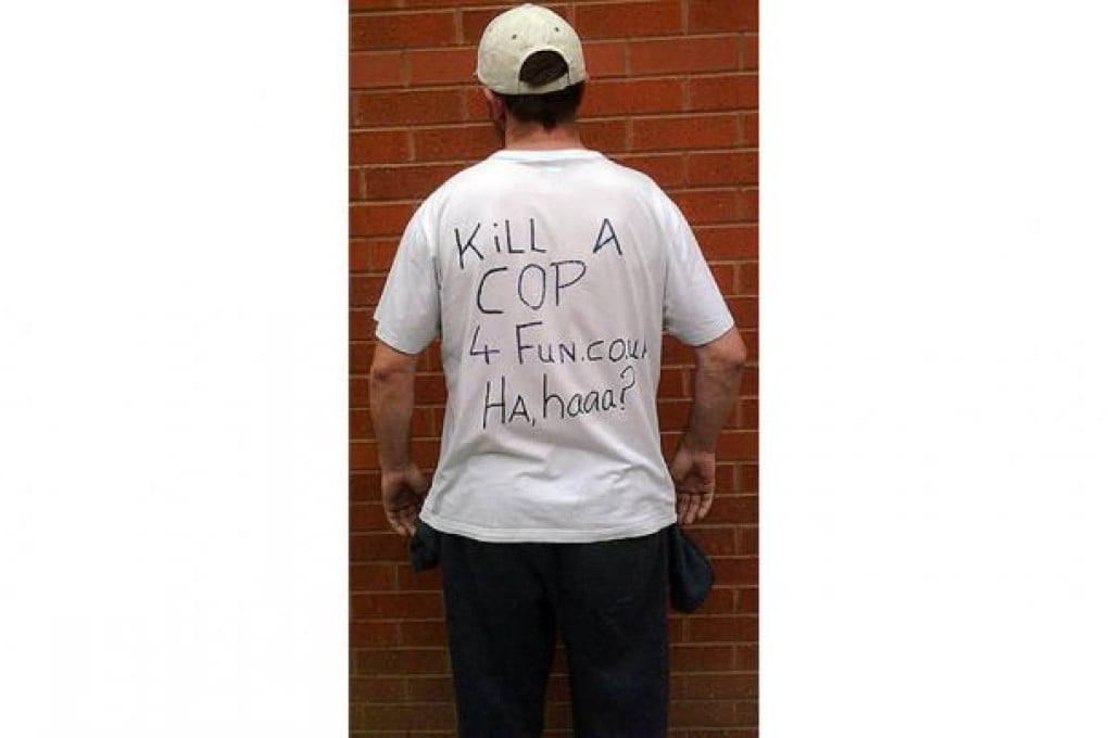 Barry Thew wearing the T-shirt that caused offence in Britain.