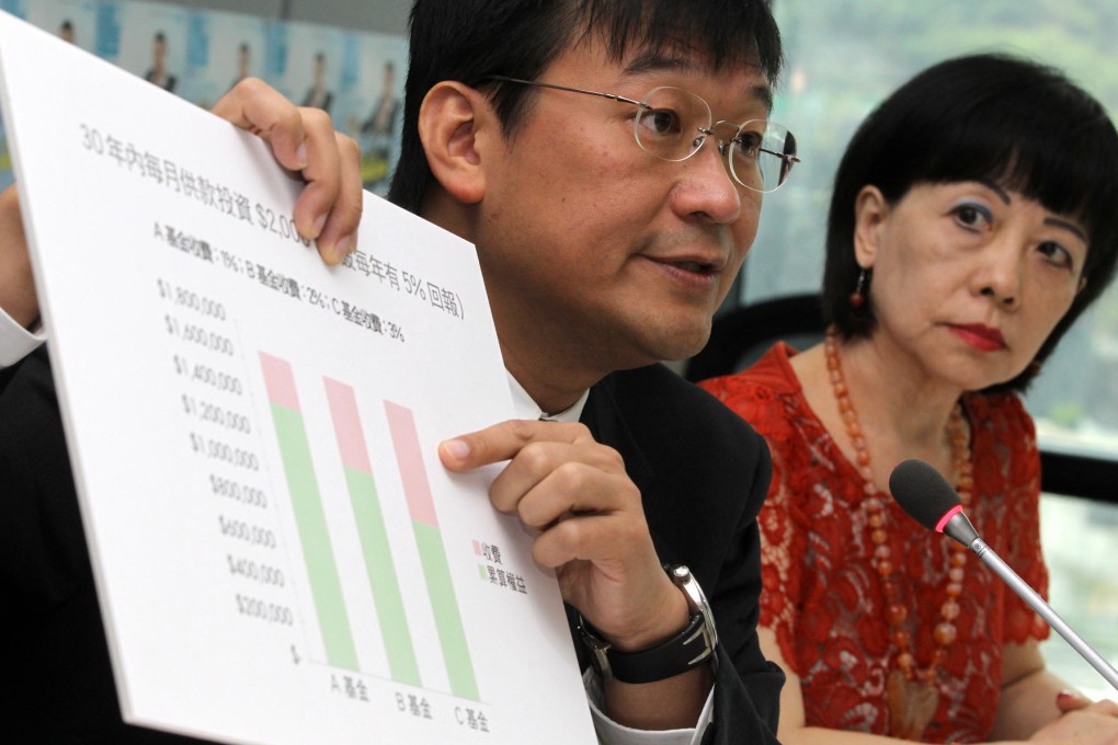 Ron Hui, of the Consumer Council, makes a point about Mandatory Provident Fund Schemes as Connie Lau looks on. Photo: Edward Wong