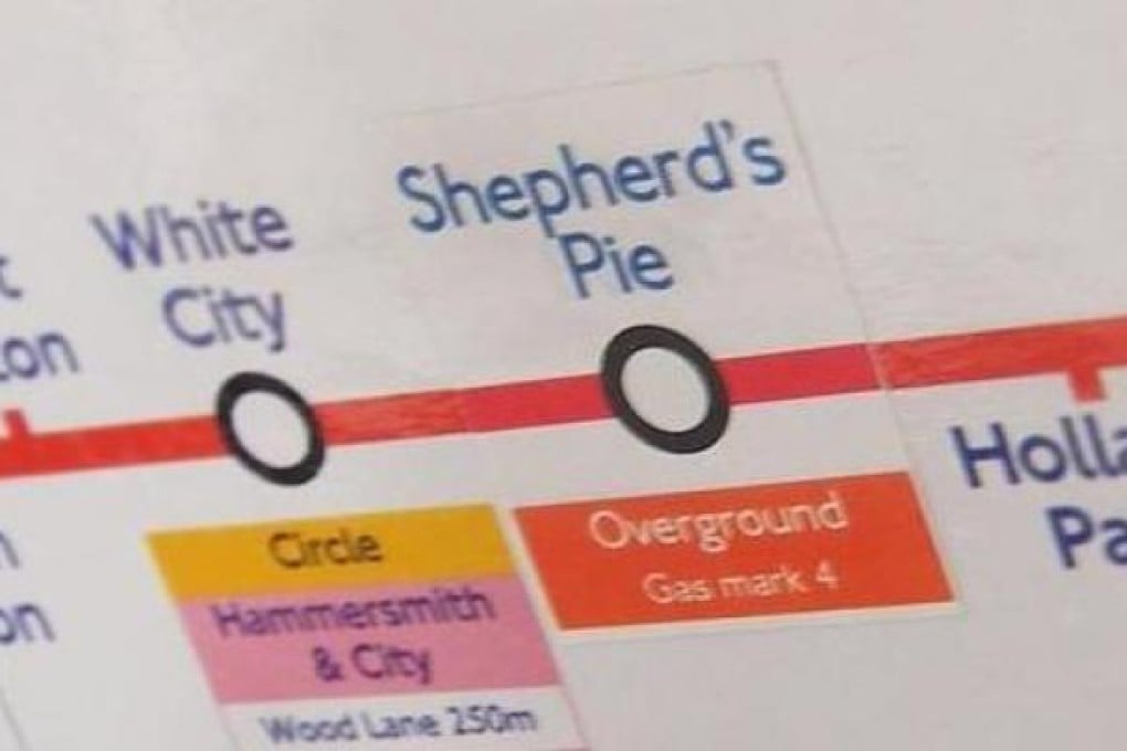 Shepherd's Bush became Shepherd's Pie after pranksters placed a sticker over the destination. Photo: Facebook