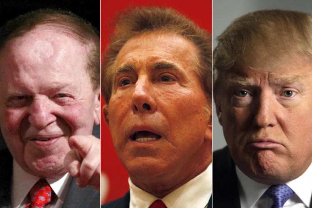 Casino and entertainment tycoons (from left) Sheldon Adelson, Steve Wynn and Donald Trump are behind Mitt Romney. Photos: Reuters, AP