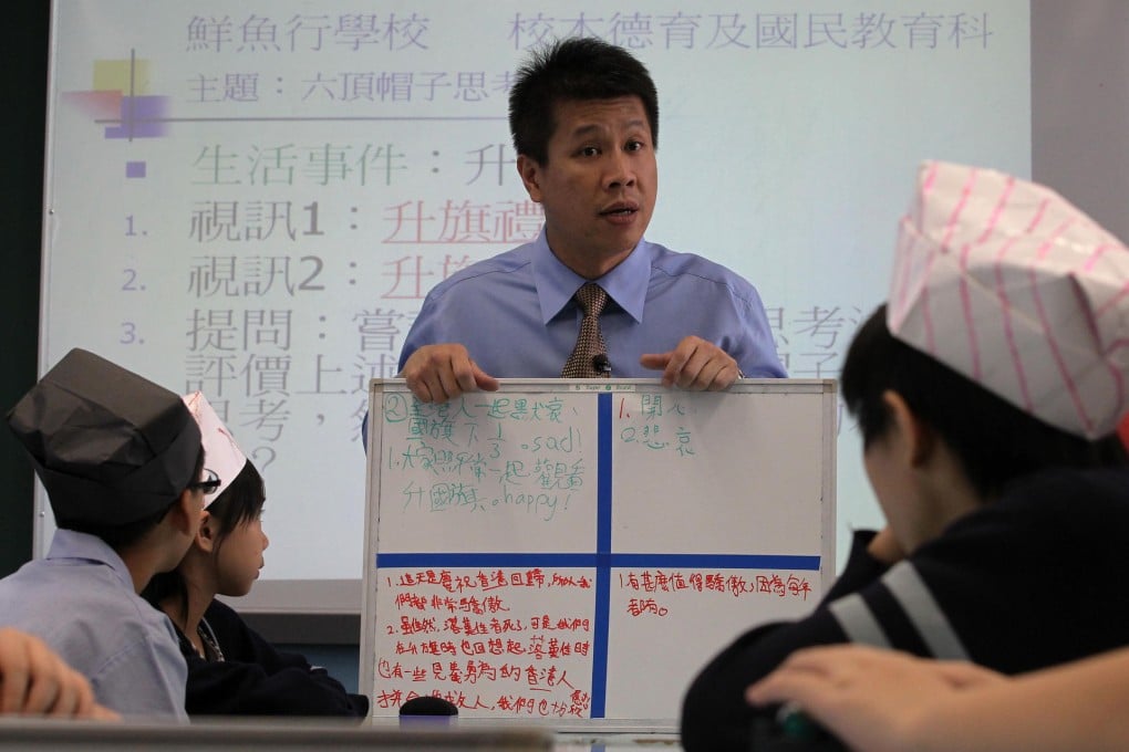 Teacher Ken Sze gives his Primary Six students a lesson on the national flag at the Fresh Fish Traders' School yesterday. Photo: Edward Wong