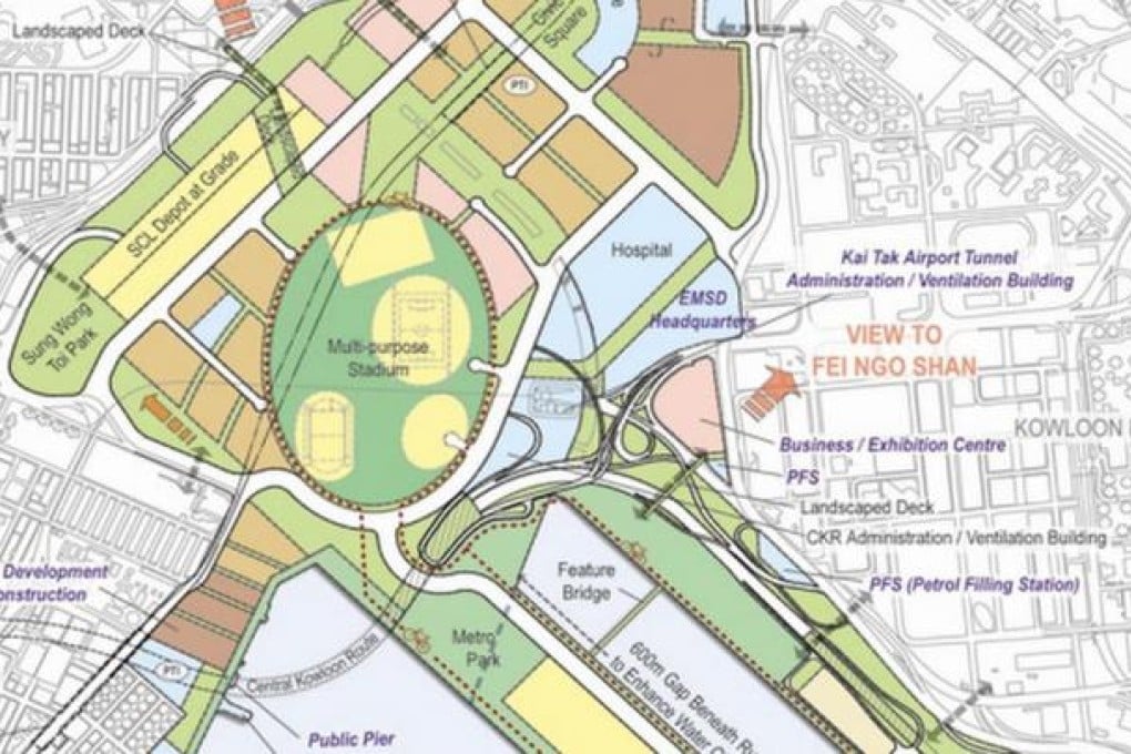 The Kai Tak stadium on the planning map. The land could be used to provide room for more homes, some ministers have been suggesting.