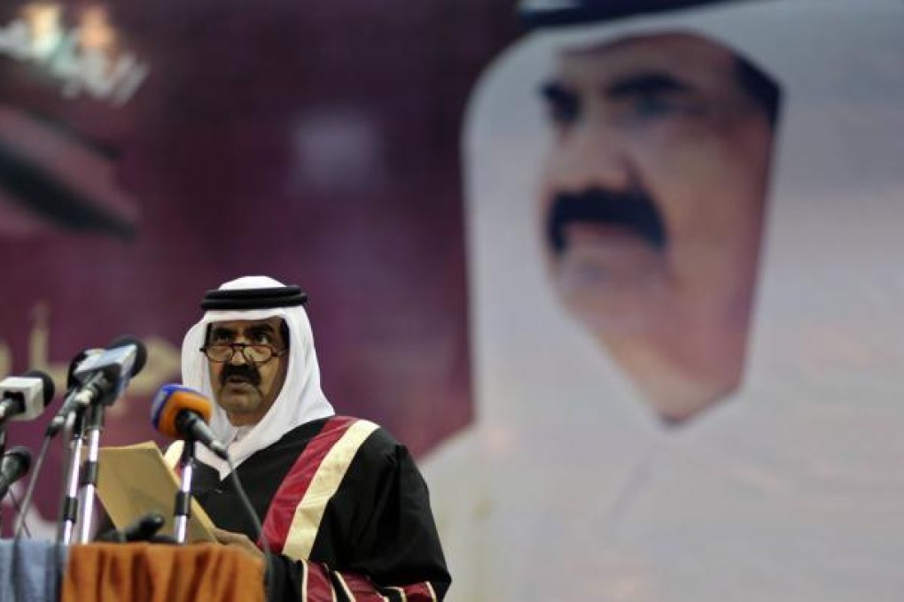 The Emir of Qatar Sheikh Hamad bin Khalifa al-Thani speaks during his visit to the Islamic University in Gaza City. Photo: Reuters