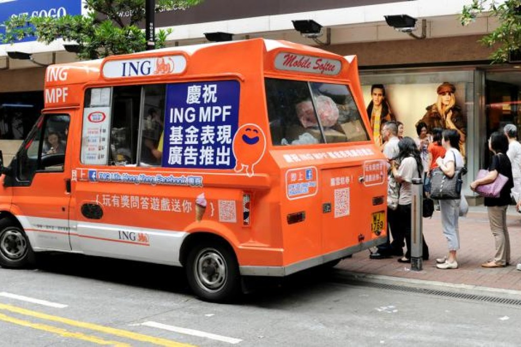 People queue for free ice creams at the ING van in Causeway Bay. The van was an MPF promotion for the bank. Photo: SCMP