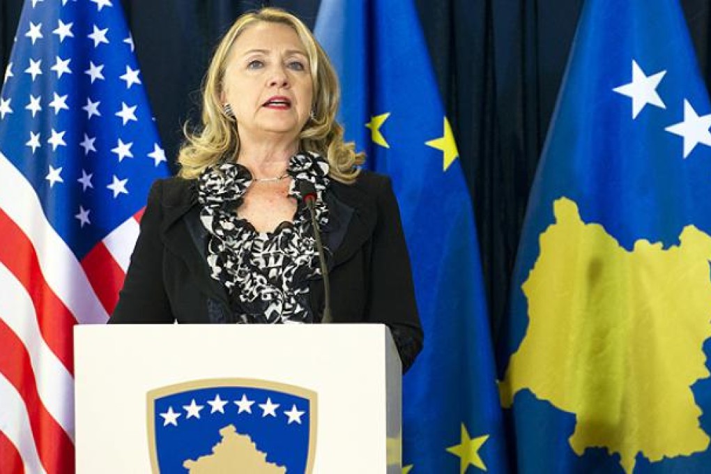 US Secretary of State Hillary Clinton speaks after talks with Kosovo's Prime Minister Hashim Thaci in Pristina. Photo: AFP