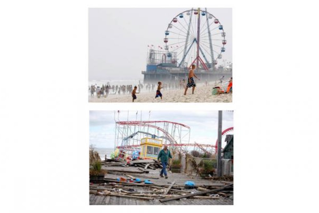 The Funtime Pier in Seaside Heights, New Jersey, crumpled during the storm. Photos: AP