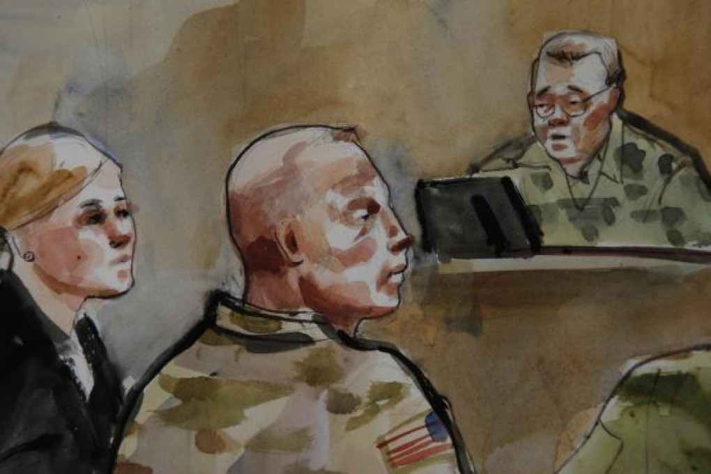 A courtroom sketch of Staff Sergeant Robert Bales (centre) during the preliminary hearing held at Joint Base Lewis-McChord. Photo: AP