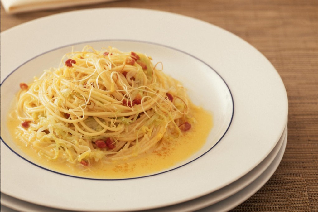 Quick pasta recipe for spaghetti with leeks and pancetta