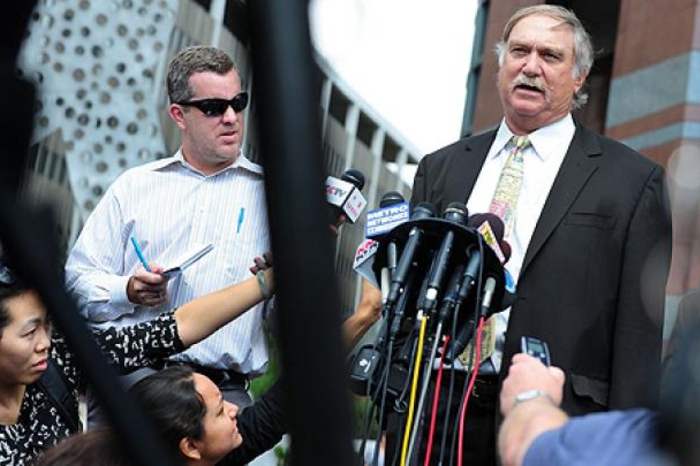 Lawyer Steven Seiden (right), defending Mark Basseley Youssef, briefs the media in Los Angeles last month. Photo: AFP