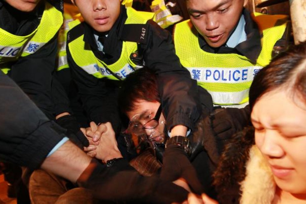 Police and protesters clash at an Anti-Express Rail rally in Central. Photo: Felix Wong