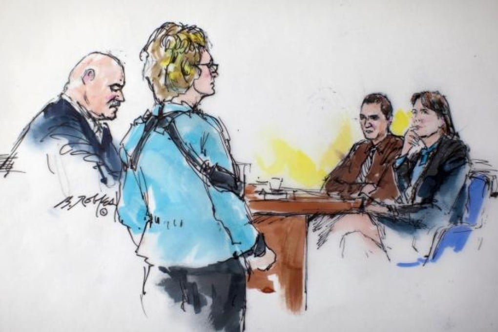 A sketch of Mark Kelly and his disabled wife, Gabrielle Giffords, confronting convicted killer Jared Lee Loughner in an Arizona court.