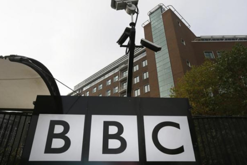 Cameras are seen above a sign at the BBC Television Centre, in London. Photo: AP
