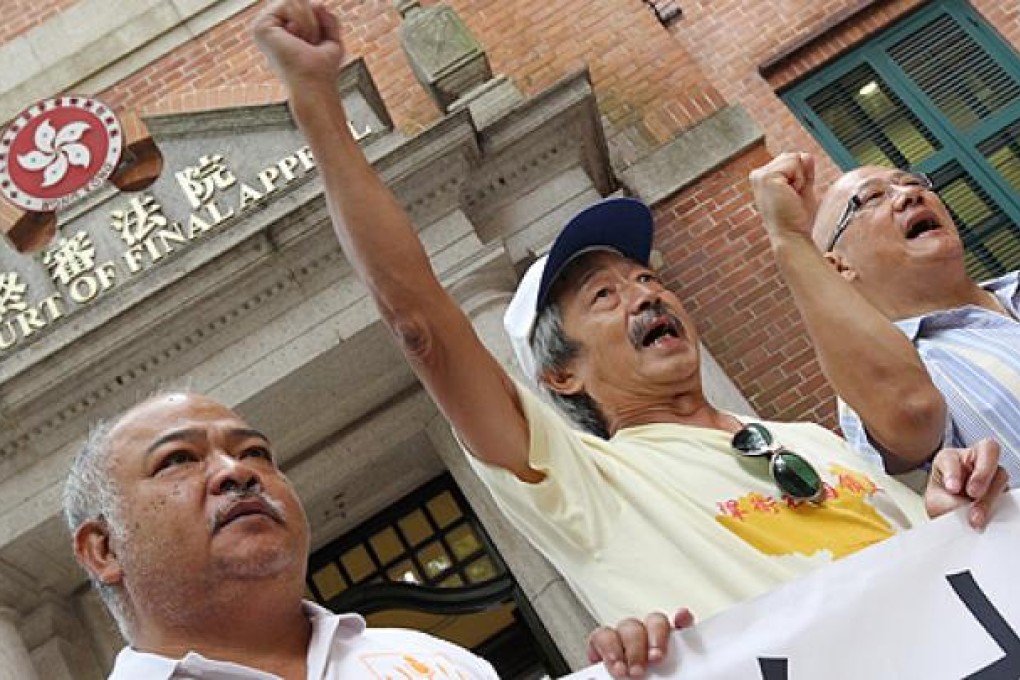 Citizens' Radio activists Bull Tsang Kin-shing, Lo Chau and Albert Chan Wai-yip rally in support of lawmakers' appeal case outside the Court of Final Appeal last month. Photo: K.Y. Cheng