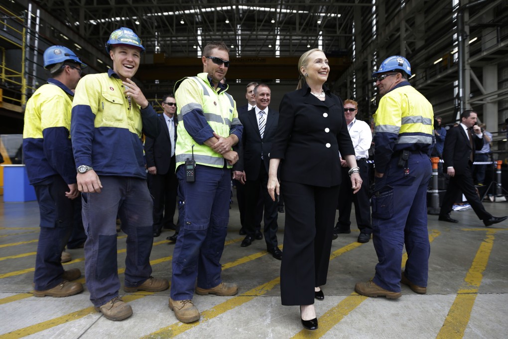 US Secretary of State Hillary Clinton meets workers at the Techport Australia shipbuilding facility near Adelaide in Australia on Thursday. Photo: AP