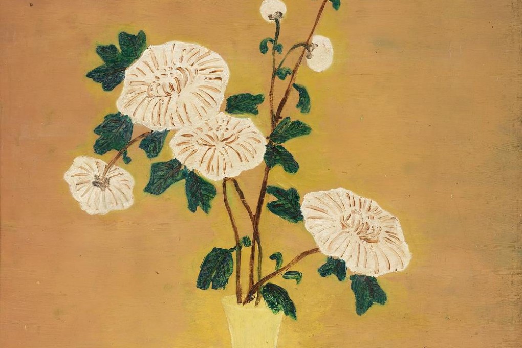Sanyu'sWhite Chrysanthemums in Yellow Vase. Photo: Mark French