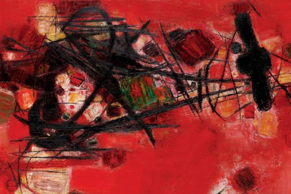 Poly Auction's first sales in Hong Kong this coming weekend will offer 300 works including an oil and canvas painting,Rouge lourd et vert leger(1959), by Chu Teh-chun.