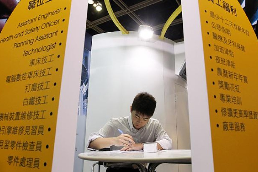 A job seeker fills in an application form at the Hong Kong International Airport Job Expo. Photo: Edward Wong