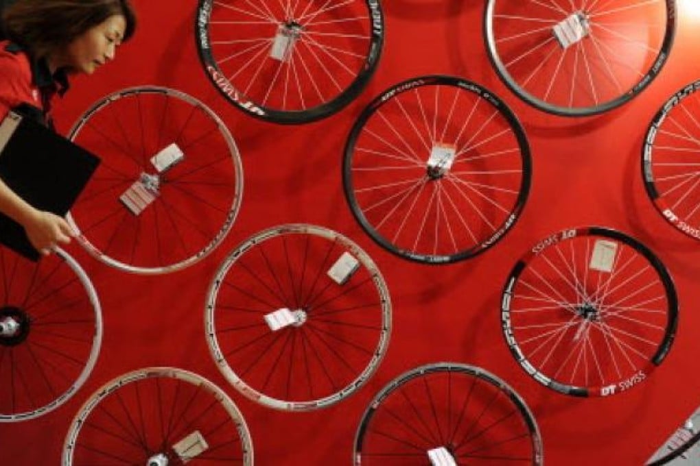 Wheels displayed at the China International Bicycle Fair in Shanghai. Photo: AFP