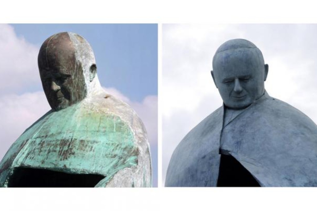 Oliviero Rainaldi's statue of Pope John Paul II before (left) and after. Photo: AP