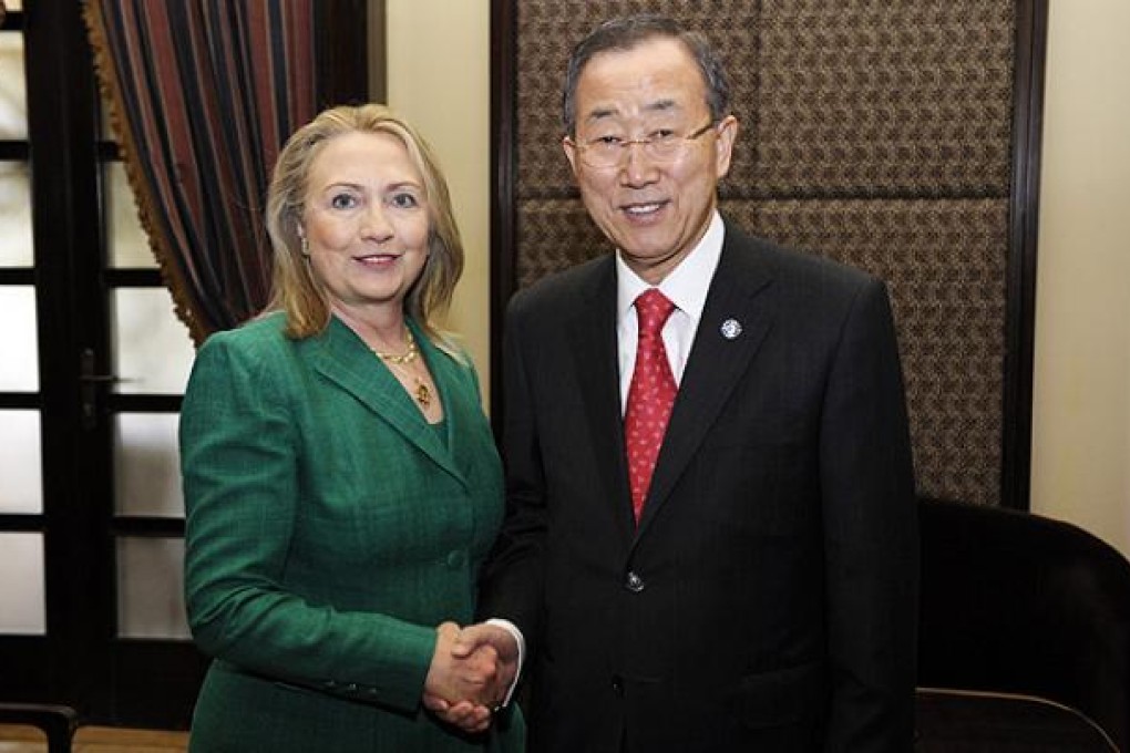 US Secretary of State Hillary Clinton meet with United Nation Secretary-General Ban Ki-moon at the King David Hotel in Jerusalem. Photo: EPA