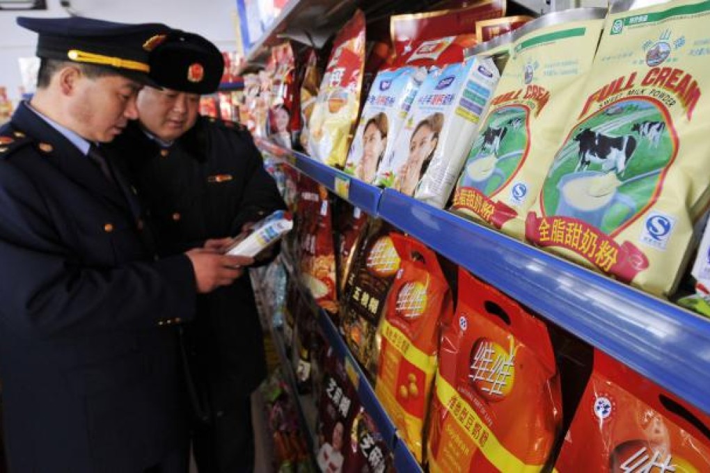 Officials check supermarket dairy products in Shandong. Photo: AP