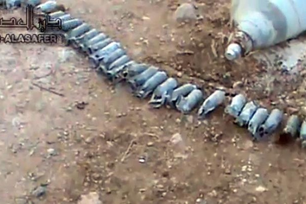 An unverified video posted by Syrian opposition activists claims to show cluster bombs used in the Deir al-Asafir attack. Photo: SCMP Pictures