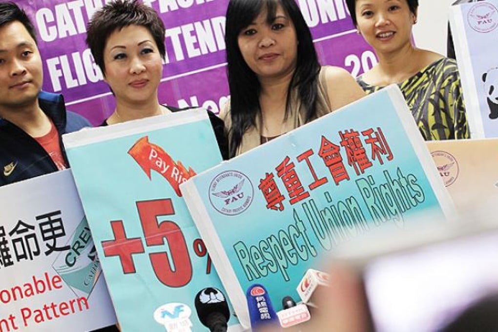 Cathay Pacific Airways Flight Attendants Union rally for a 5pc salary rise at a press conference in Wan Chai on November 8. Photo: Felix Wong