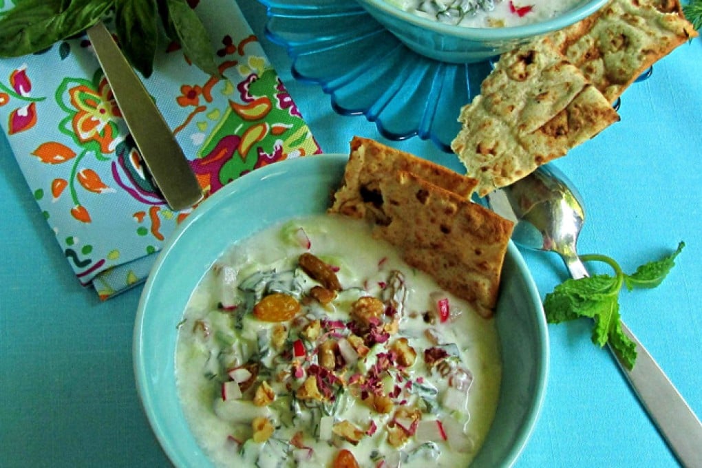 Carrot halva with saffron and rosewater; cold yogurt soup with cucumber, herbs, walnuts and raisins