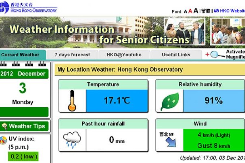 The Hong Kong Observatory's new website for the elderly. Photo: SCMP Pictures